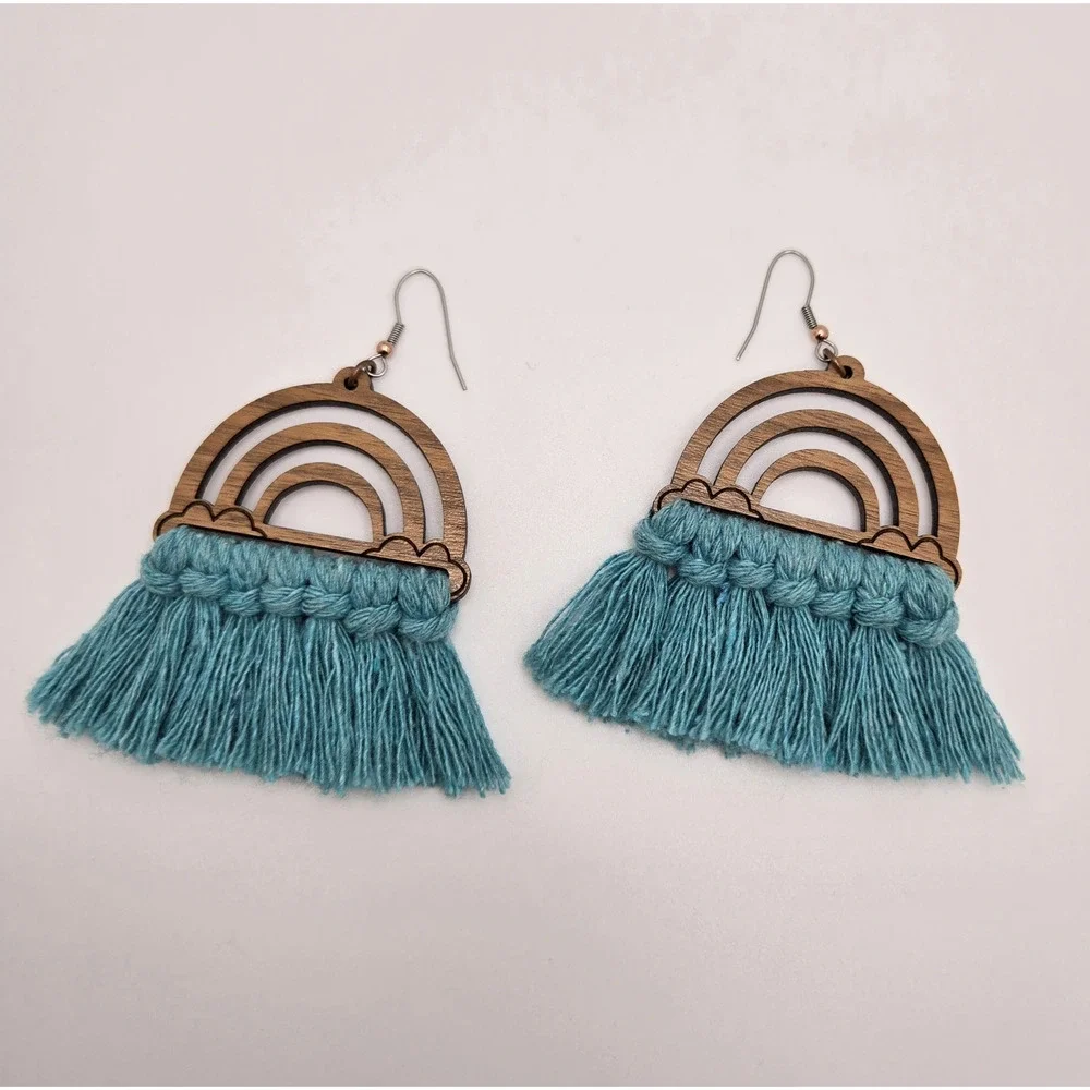 Tassel Earrings Turquoise Fringe Wood Dangle Southwestern Hippie Boho Maximalist